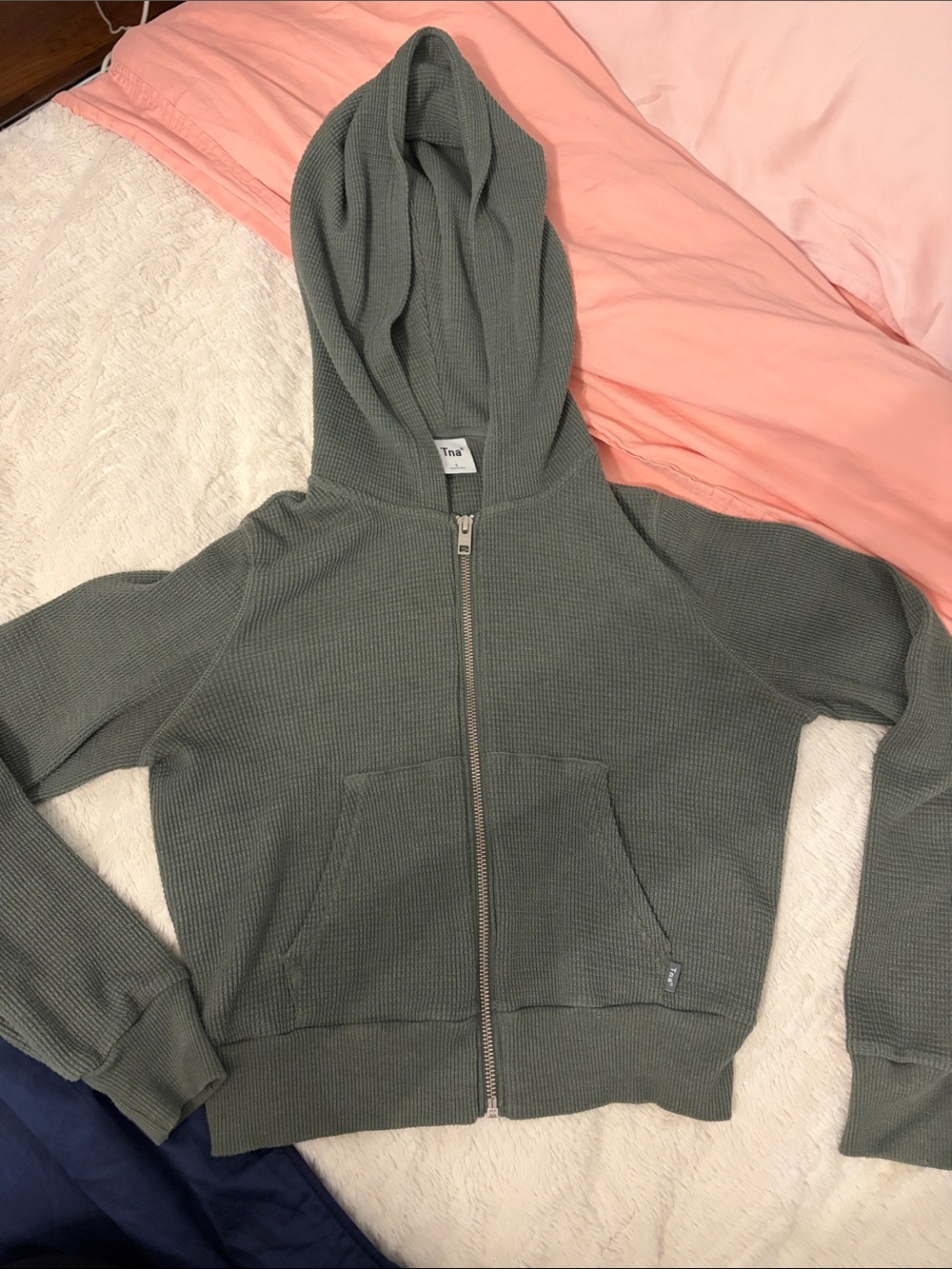 TNA Olive Green Waffle-Knit Zip Hoodie